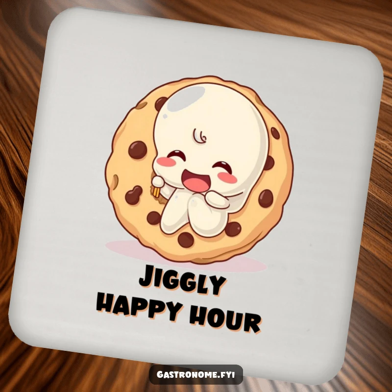 Funny wobbly jelly character happily taking a bite out of a giant cookie, printed on a drink coaster, providing humorous table protection.