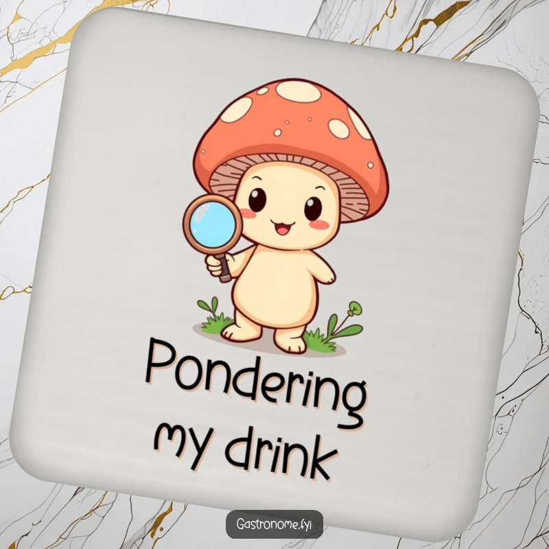 Funny happy mushroom character holding a magnifying glass, adorning a protective drink coaster with curious charm.