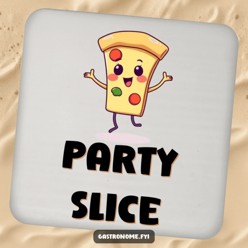 Funny drink coaster with a lively pizza slice character doing a dance, perfect for protecting surfaces with a humorous touch.