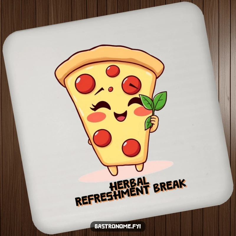 Funny giggling pizza slice character drink coaster admiring a tiny basil leaf, adding gourmet humor to drink service.