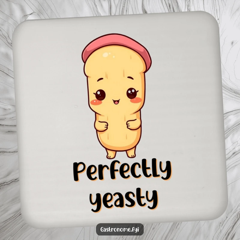 Funny drink coaster showcasing a proud baguette character with a tiny beret, adding a touch of French chic and humor to any table.