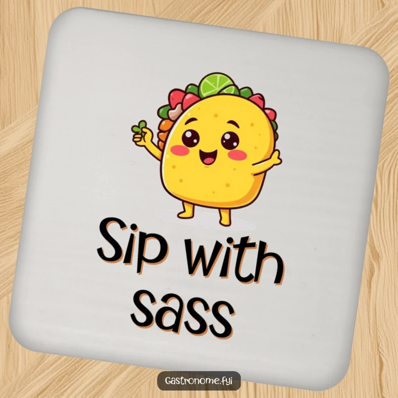 Funny cheerful taco character drink coaster striking a sassy pose with a tiny lime wedge, adding fierce humor to drink service.