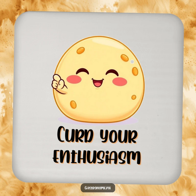 Funny smiling cheese ball drink coaster, a satisfied snack character giving a nod, protecting surfaces with cheesy, humorous flair.