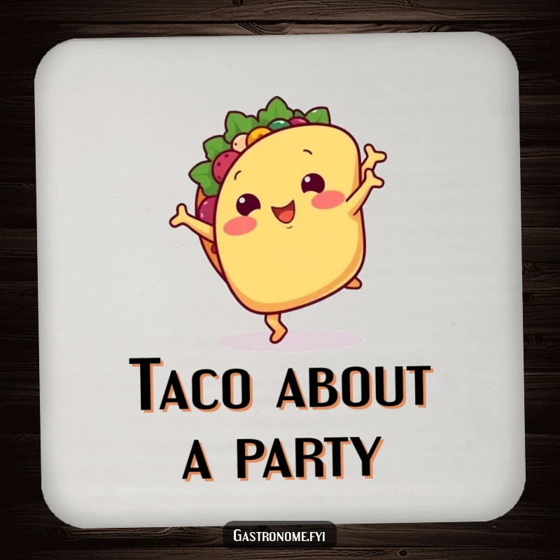 Funny coaster: A smiling taco with tiny arms doing a cartwheel, a humorous table accessory.