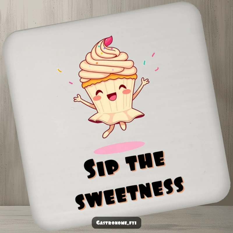 Funny drink coasters featuring a cupcake character doing a pirouette with falling sprinkles, protecting furniture with sweet charm.