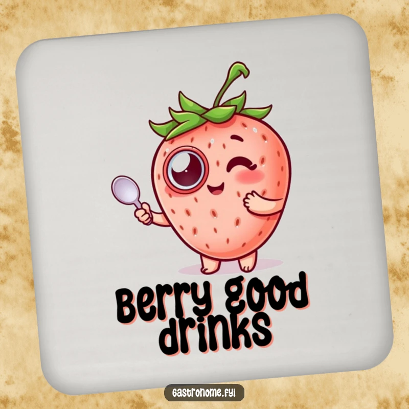 Funny Strawberry Coasters featuring a strawberry in a monocle holding a spoon, protecting drinks stylishly.