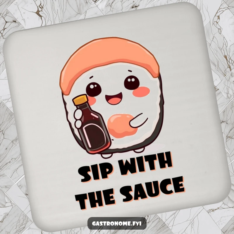 Funny drink coaster showcasing a happy sushi character holding a miniature soy sauce bottle, perfect for sushi lovers.