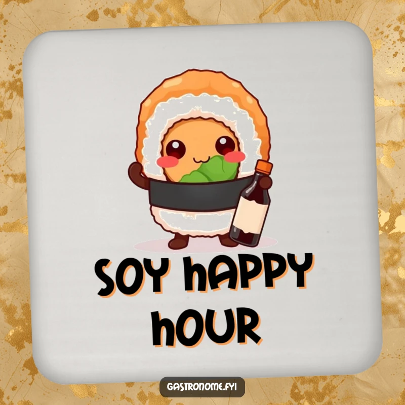 Funny drink coaster with a proud sushi roll character posing with a tiny soy sauce bottle, adding a pop of confident fun.