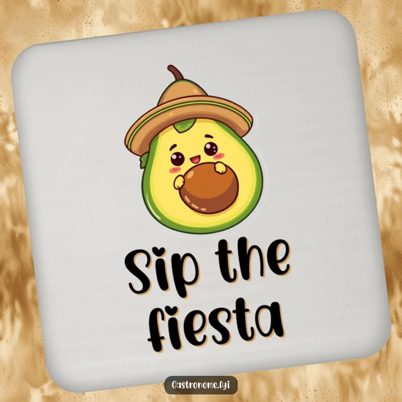 Funny Coaster showcasing a curious taco character in a sombrero, peeking from behind a giant avocado. Protects surfaces with humor.