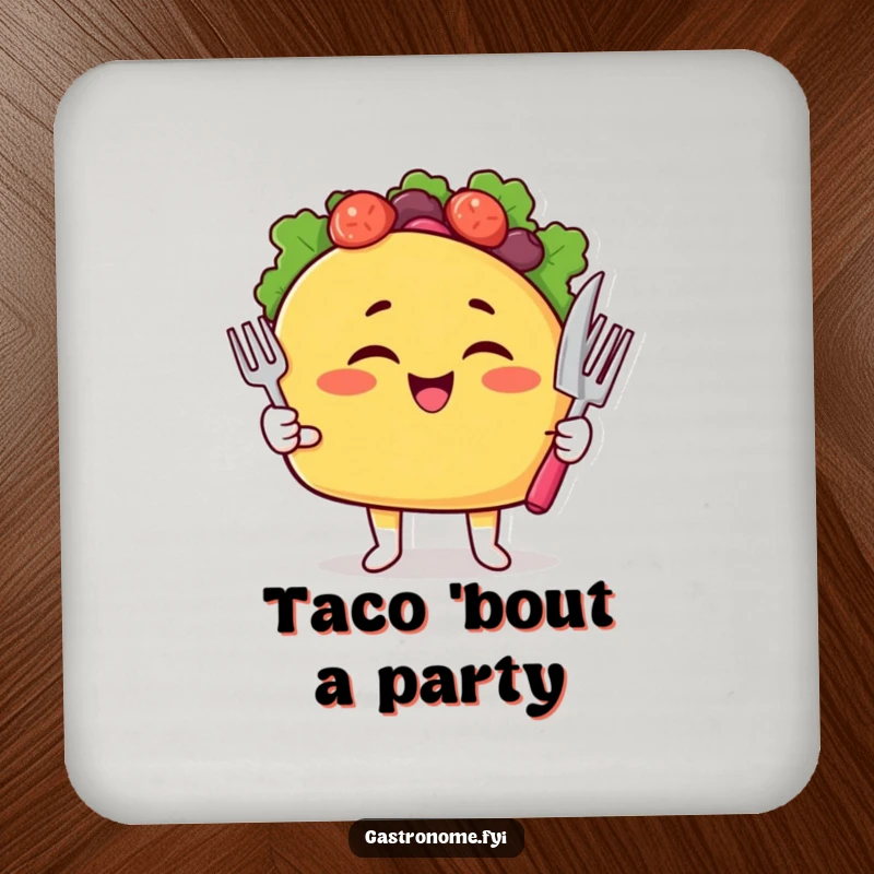 Funny Taco Coasters featuring a winking taco character with cutlery, protecting drinks with flair.