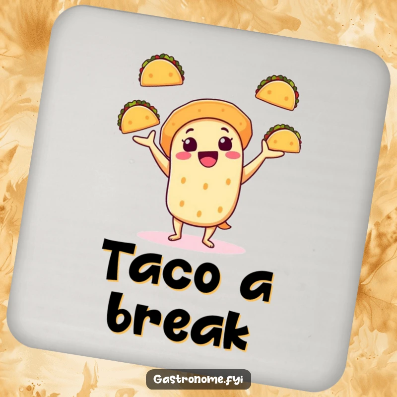 Funny coaster featuring a cheerful taco character juggling mini tacos, bringing fiesta charm and humor to drink protection.