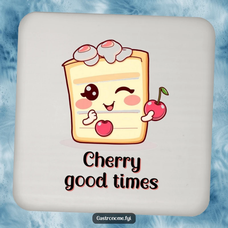 Funny drink coaster with a winking cake slice character and a cherry, protecting surfaces with charm.