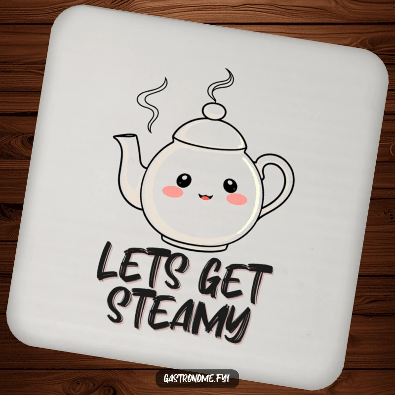 Funny Drink Coaster featuring a curious teapot character with merrily swirling steam, adding whimsical humor to tables.