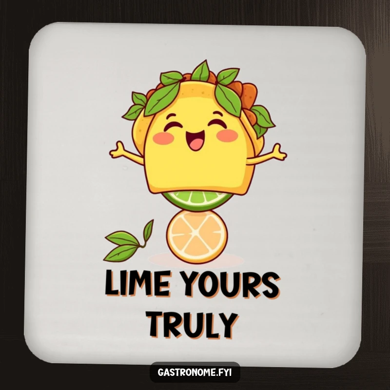Funny thrilled taco character balancing a lime, adorning a protective drink coaster with Tex-Mex humor.