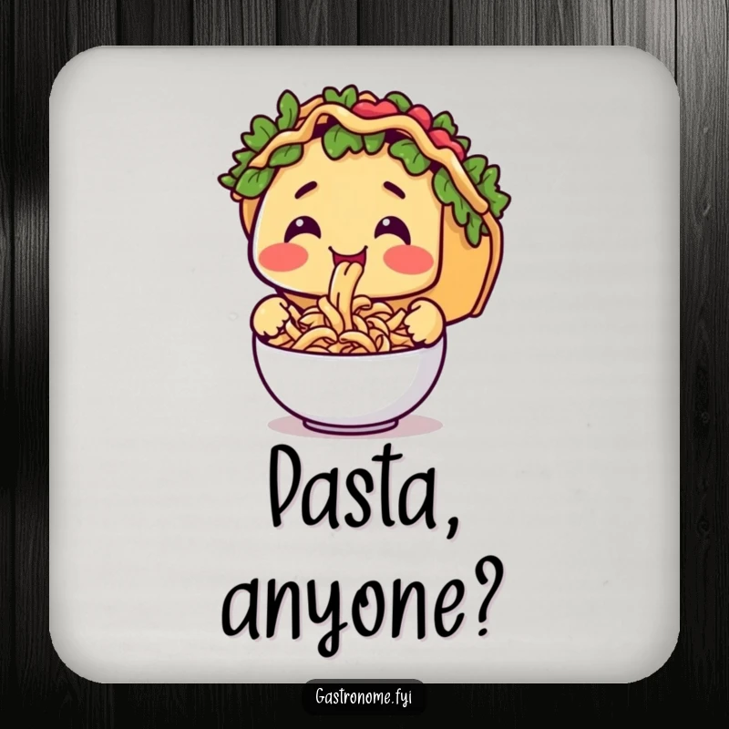 Funny drink coasters featuring a taco character happily slurping tiny pasta, protecting furniture with culinary humor.