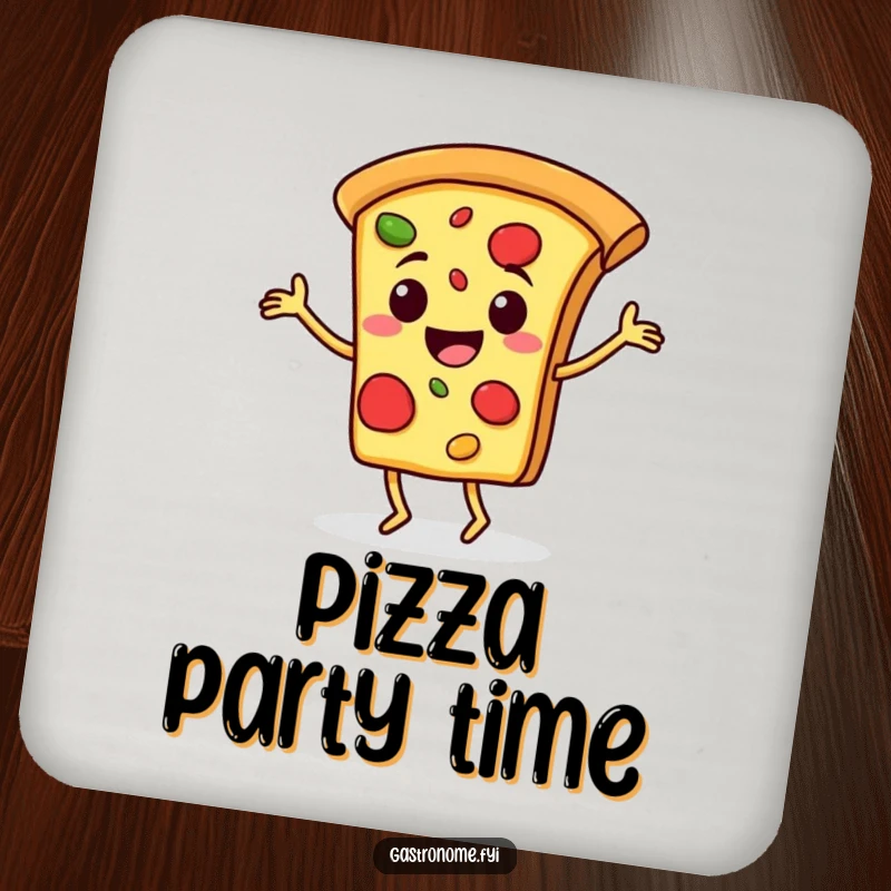 Funny drink coaster with a cheerful pizza slice character happily jigging, adding a pop of fun to your drink setup.