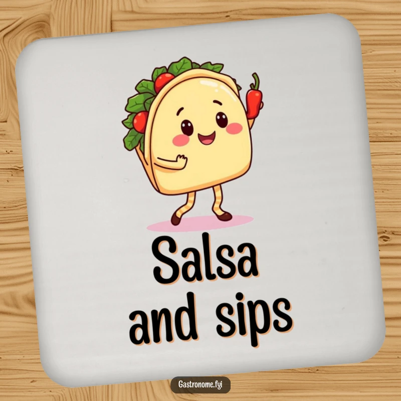Funny Taco Dance Coasters: Set Featuring Smiling Taco Character Salsa Dancing with a Spicy Pepper, Humorous Fiesta Table Decor