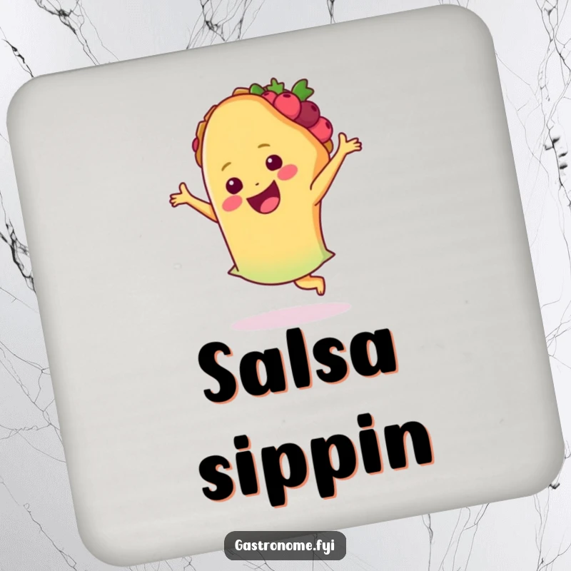Funny taco drink coasters, featuring a smiling taco performing a joyful salsa dance, protecting surfaces with vibrant fiesta humor.