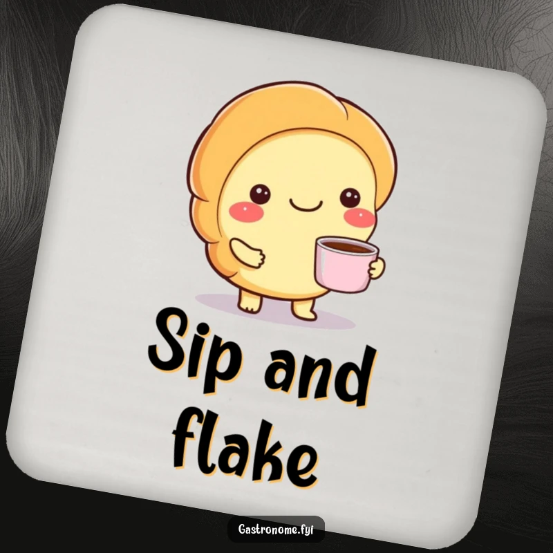 Funny drink coaster with a smiling croissant character holding a small cup of coffee, adding a touch of elegance and fun.