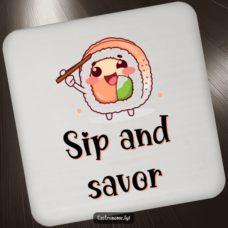 Funny Coaster showcasing a joyful sushi roll character enthusiastically gesturing with chopsticks. Protects surfaces with humor.