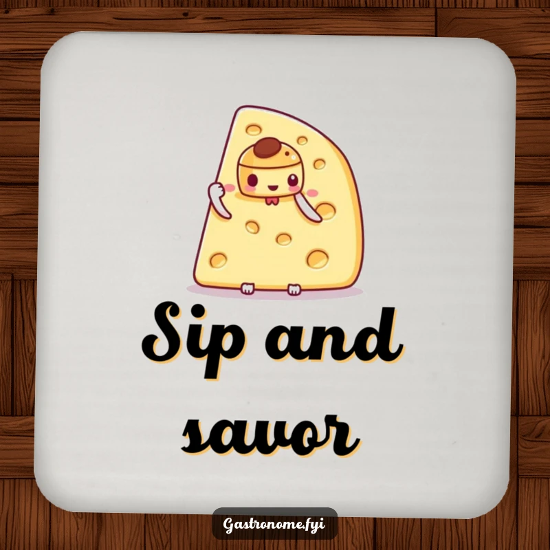 Funny drink coaster with a proud cheese wedge character presenting a tiny pastry, perfect for protecting surfaces with elegance.