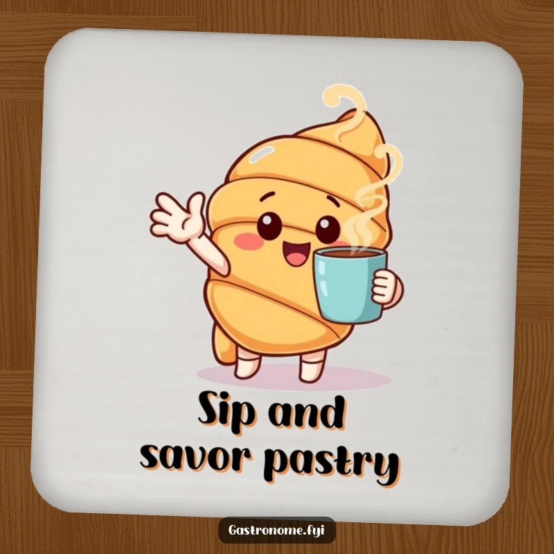Funny drink coaster featuring a cheerful croissant character gesturing towards a steaming cup, protecting surfaces with humor.