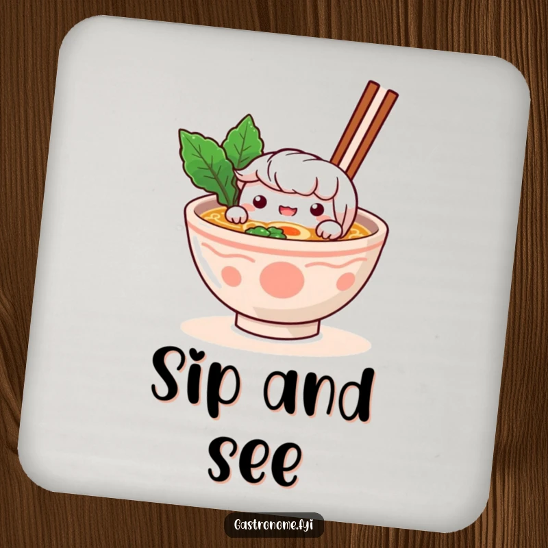 Funny Coaster: A curious ramen bowl character peeks over its broth, protecting surfaces with a dose of funny foodie charm.