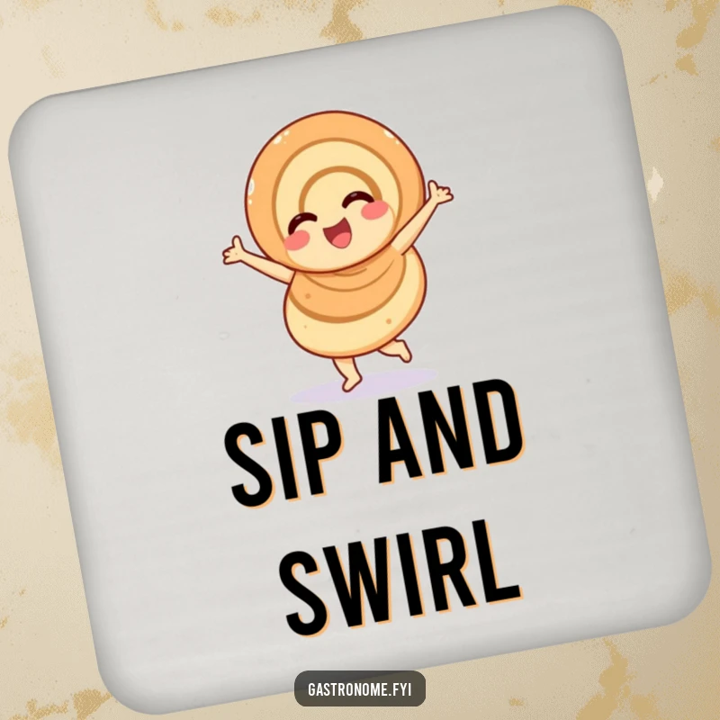 Funny overjoyed cinnamon roll drink coaster, a cheerful pastry character doing a twirl, protecting surfaces with sweet, humorous flair.