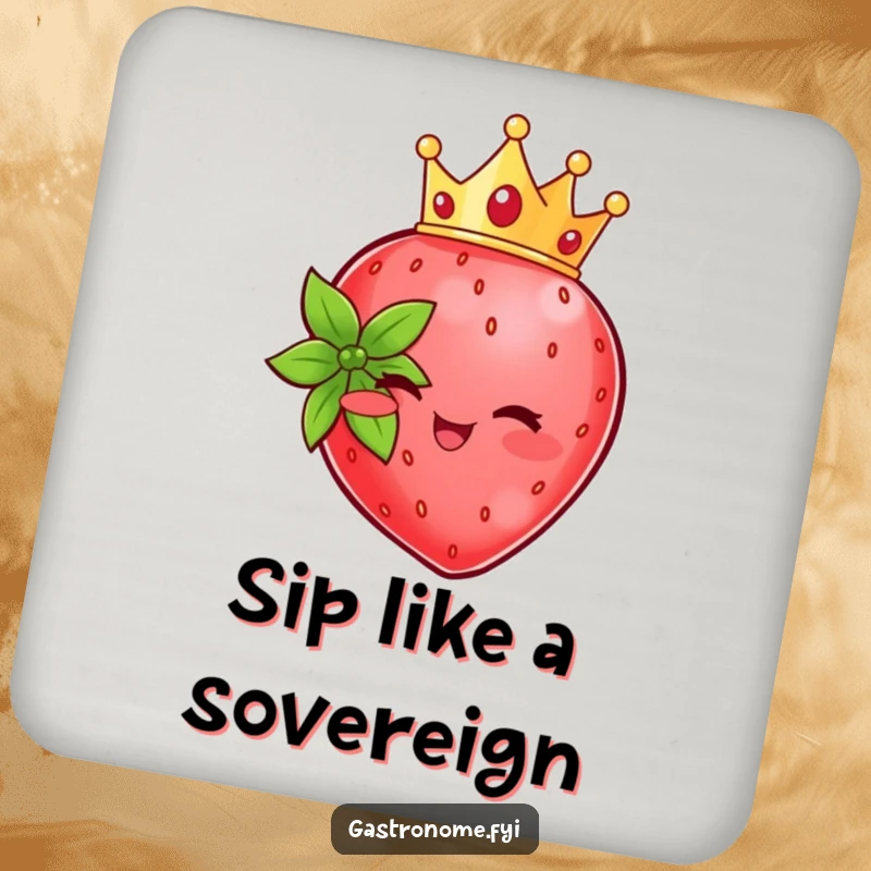 Funny beaming strawberry character with a tiny crown, adorning a protective drink coaster with royal charm.