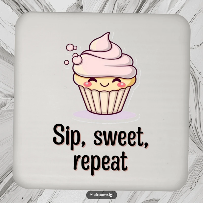 Funny drink coaster with a smiling cupcake character dramatically blowing a small puff of frosting, a cute accessory for dessert lovers.