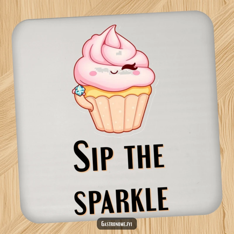 Funny drink coaster with a winking cupcake character holding a small, sparkling jewel, perfect for protecting surfaces.