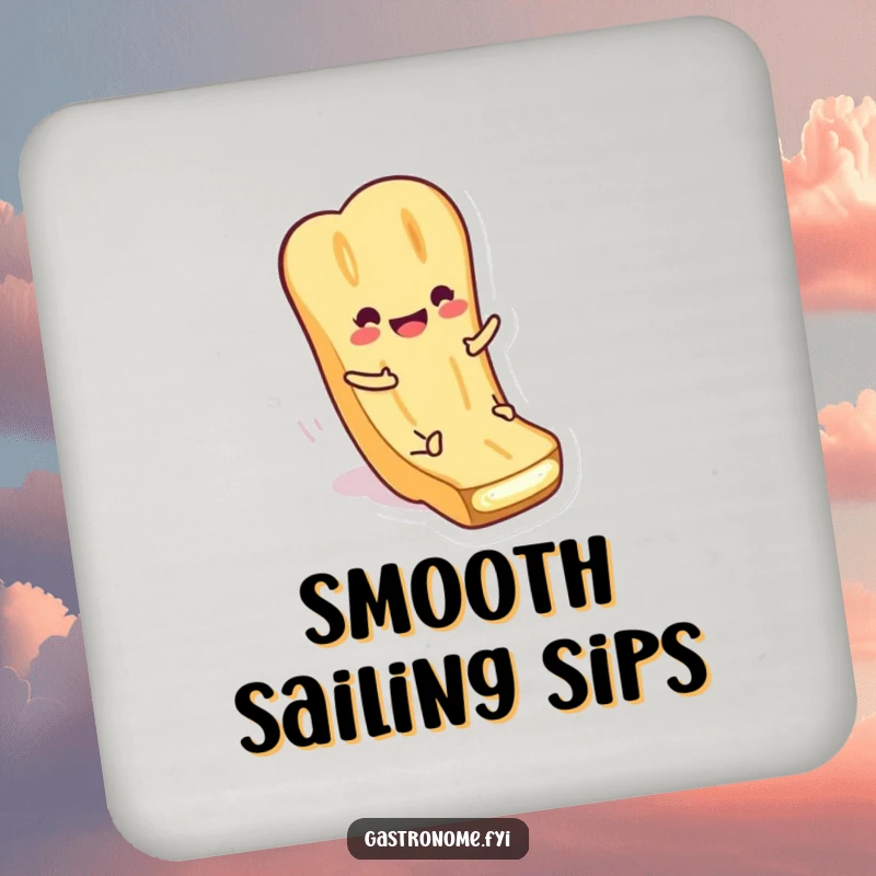 Funny Coaster showcasing a smiling baguette character sliding down butter. Protects surfaces with humorous food-themed design.