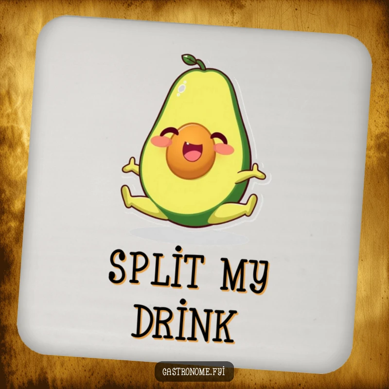 Funny drink coaster set featuring a happy avocado character in a split, protecting surfaces with healthy humor and charm.