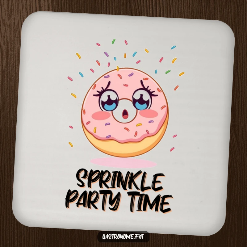 Funny drink coaster with a surprised donut character, wide-eyed, watching sprinkles fall, for surface protection.