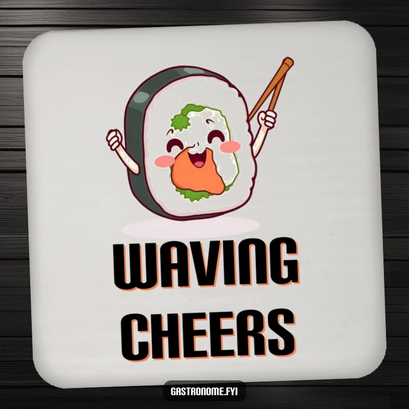Funny sushi roll drink coasters, featuring a smiling sushi character enthusiastically waving chopsticks like tiny batons, protecting surfaces with humor.