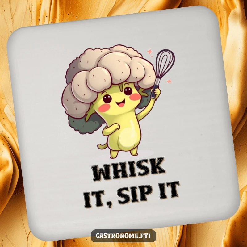 Funny drink coaster featuring a happy broccoli character doing a dramatic whisk flourish, protecting surfaces with humor.