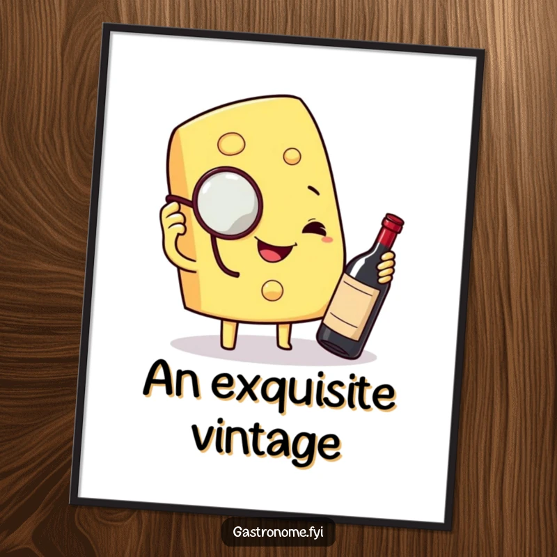 Funny poster art of a smiling cheese wedge wearing a monocle, inspecting a miniature bottle of wine, sophisticated and humorous wall decor.