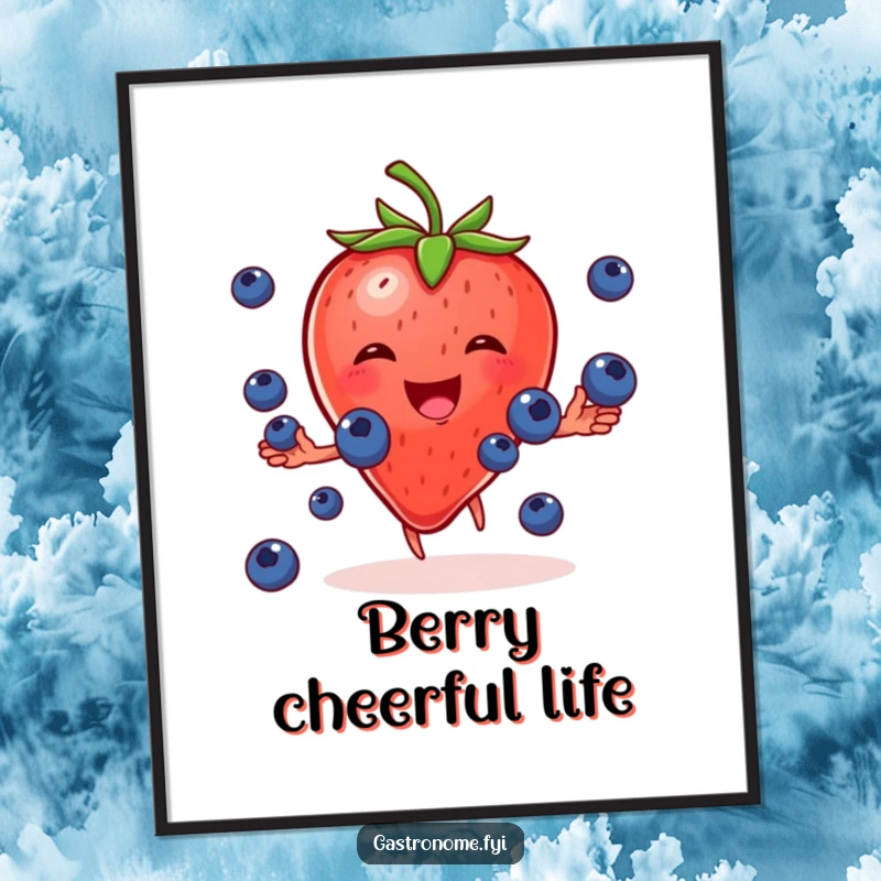 Funny poster illustration of a cheerful strawberry character gleefully juggling small blueberries, perfect for adding fruity charm.