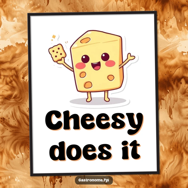 Funny Poster print of a smiling cheese wedge character balancing a cracker with flair, perfect for humorous wall art.