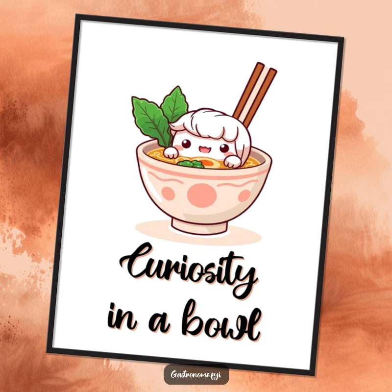 Funny Poster: A curious ramen bowl character peeks over its steaming broth, a funny and engaging piece of foodie art.