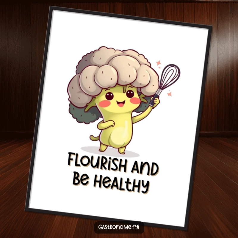 Funny poster of a happy broccoli character doing a dramatic whisk flourish, adding artistic culinary humor to walls.