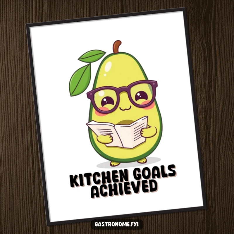 Funny poster of a pleased avocado in reading glasses, holding a recipe, bringing kitchen humor to life.