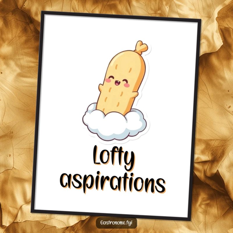 Funny poster of a pleased baguette character happily floating upwards on a steam cloud, a delightful piece of bakery-inspired art.