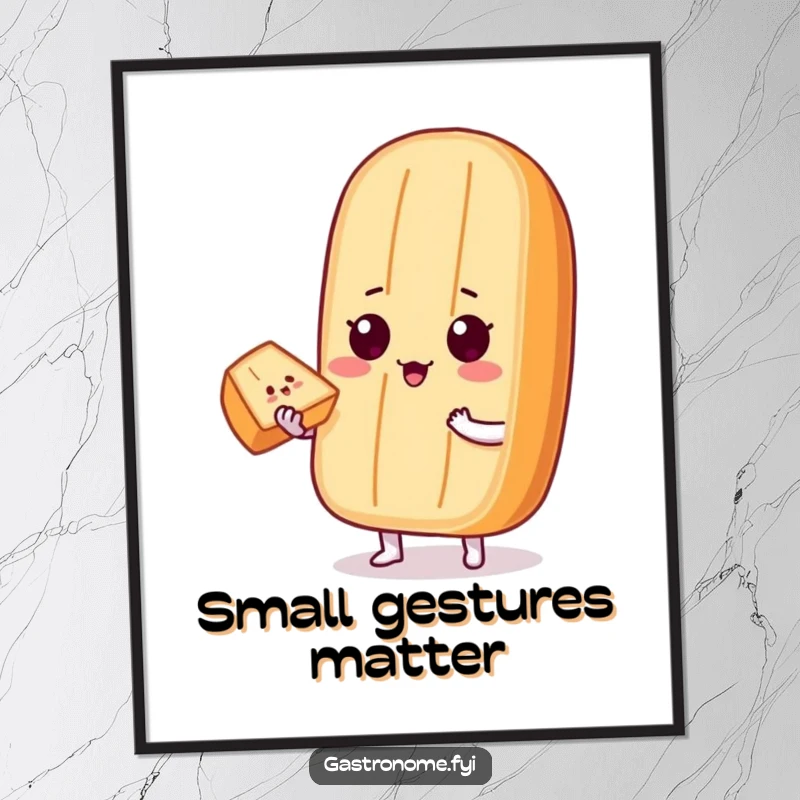 Funny Poster: A proud baguette character offers a tiny, perfect slice of bread, a funny and heartwarming piece of art.