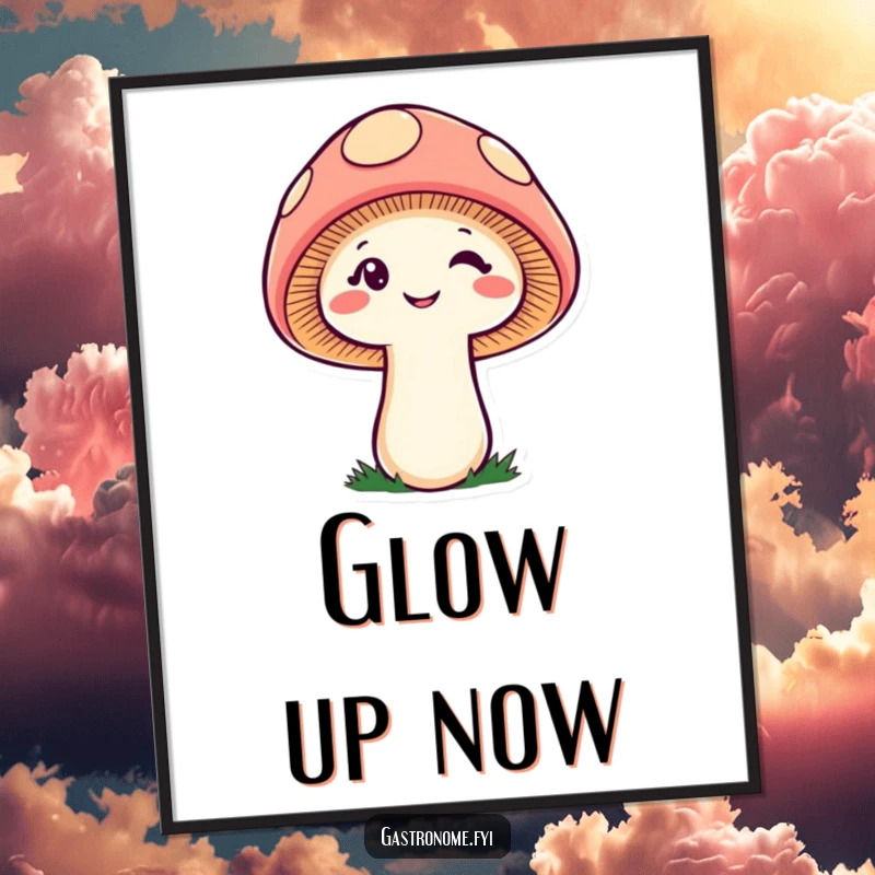 Funny cheeky mushroom poster, a whimsical, winking fungi character adding playful and humorous visual appeal to your decor.