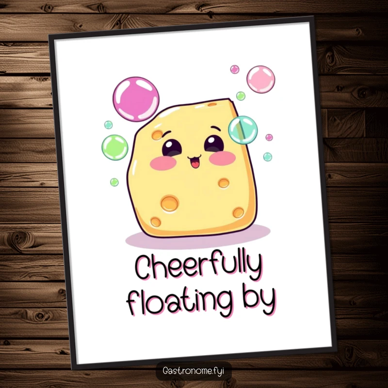Funny cheese wedge character blowing rainbow bubbles, vibrant and humorous wall art. Perfect for a cheerful room.