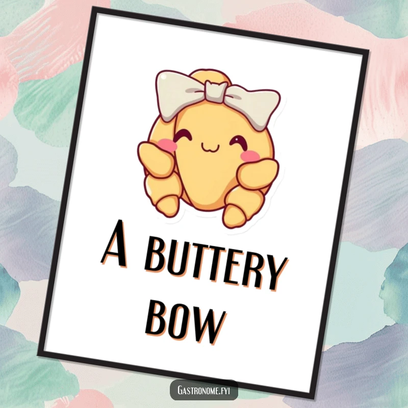 Funny croissant poster, showing a delighted croissant taking an elegant and proud little bow, adding sophisticated humor to wall decor.