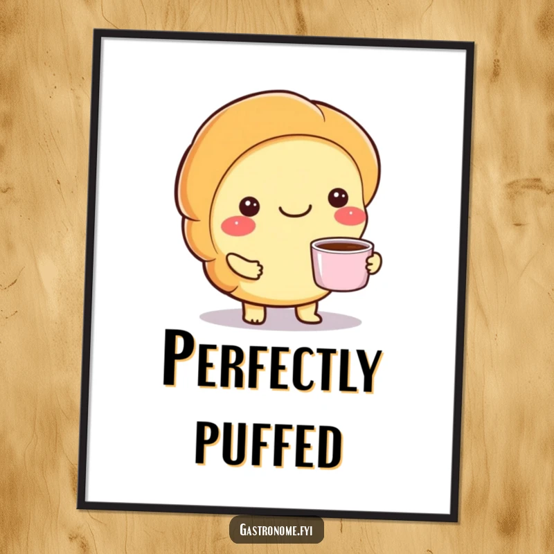 Funny poster of a smiling croissant character presenting a tiny cup of coffee, creating a warm and inviting breakfast scene.