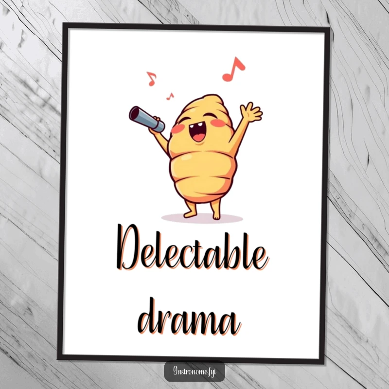 Funny croissant character performing a dramatic opera high note, displayed as a vibrant and humorous art poster on a wall.