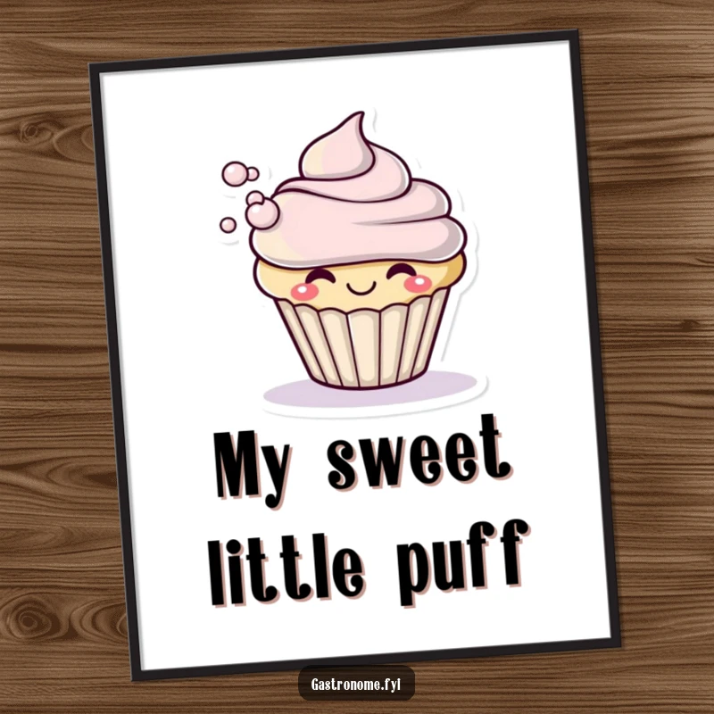 Funny poster illustration of a smiling cupcake character dramatically blowing a small puff of frosting, perfect for adding sweet charm.